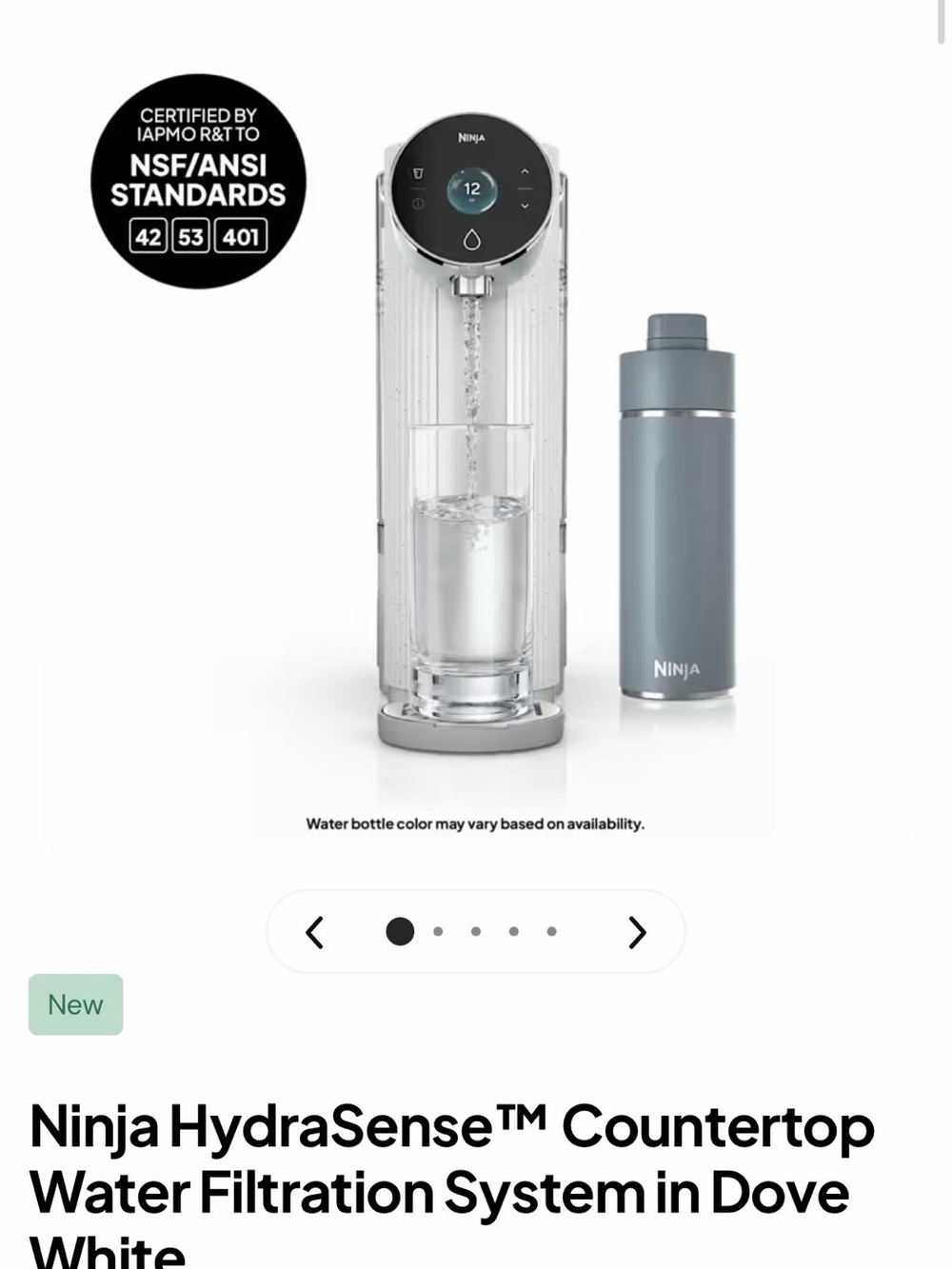 Ninja Countertop Water Filtration Dispenser in Dove White with Gray Bottle